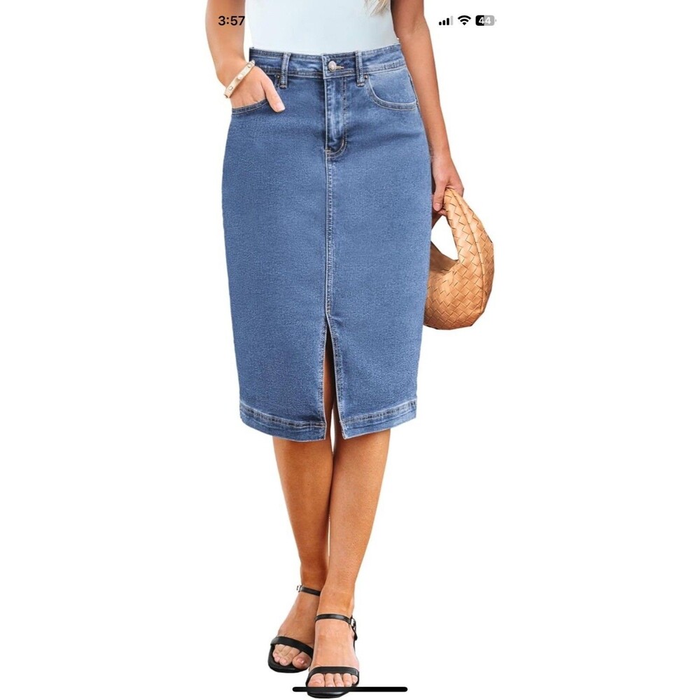 Denim pencil Jean Skirt for Women Denim Casual Stretch Patch Pockets L